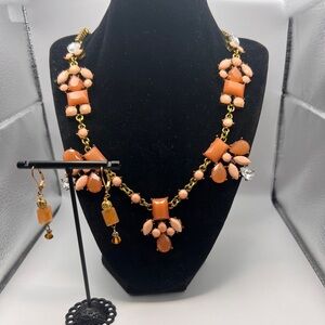 Pink Coral and Faux Diamond statement necklace and pierced earrings